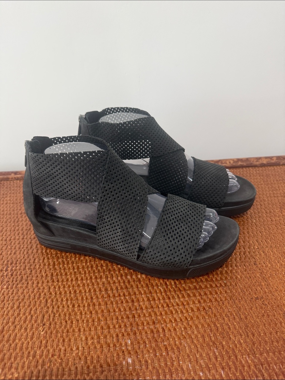 Eileen Fisher Black Perforated Wedge Sandals